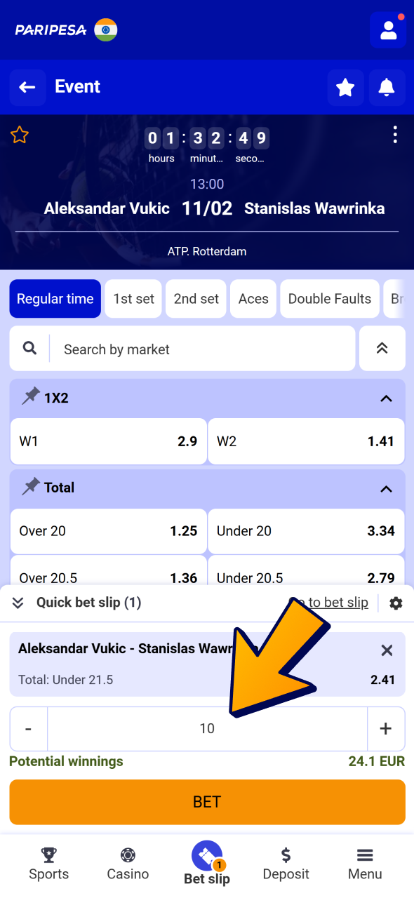 Type in bet amount and click bet to finish your Paripesa tennis betting.