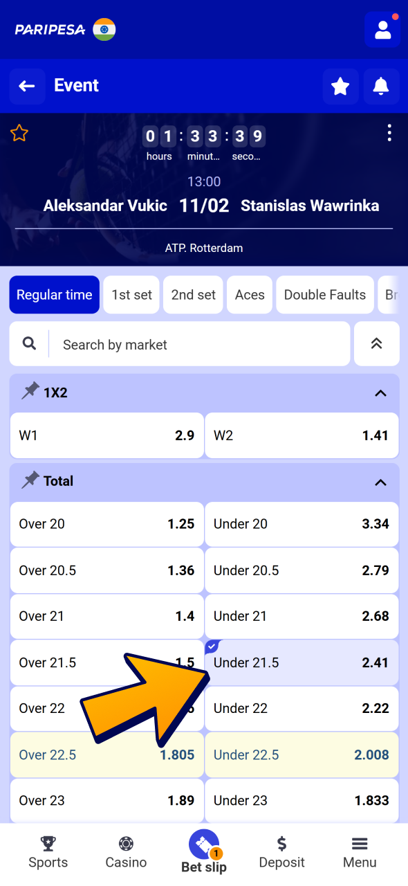 Select tennis market and click on chosen one to place bet at Paripesa.