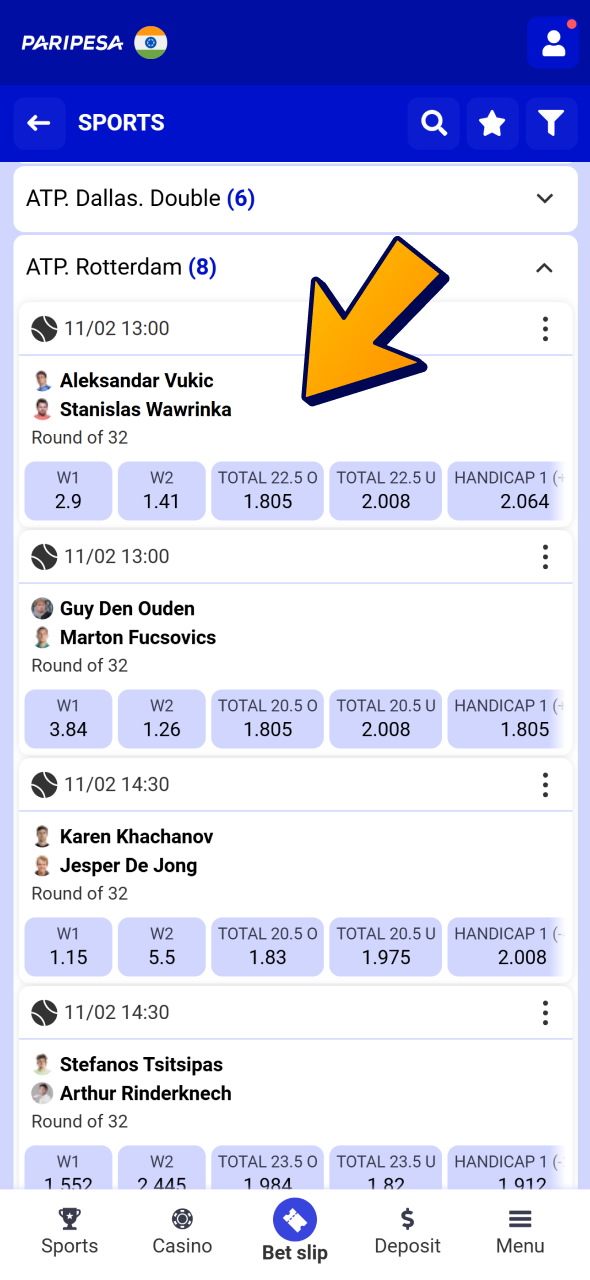 Tap on chosen tennis match at Paripesa sportsbook.