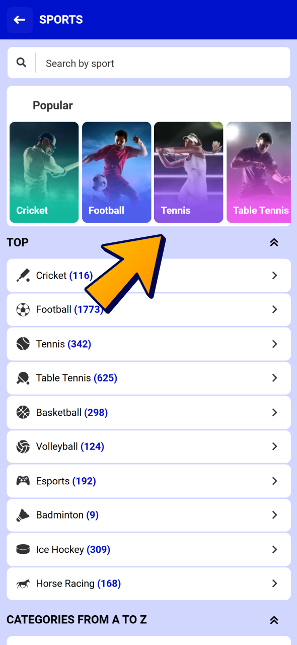 Open sports and find tennis section at Paripesa.