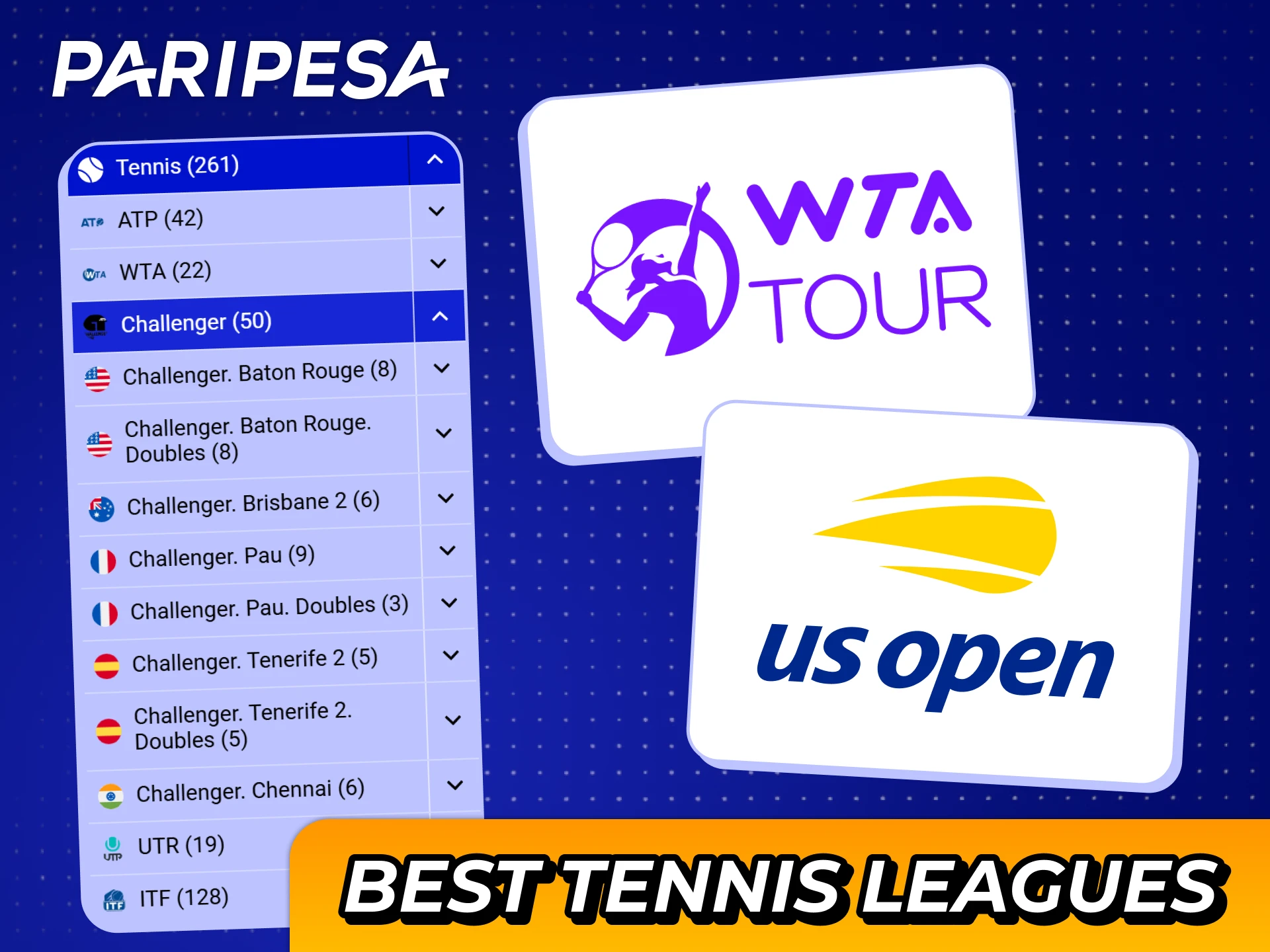 Watch best tennis leagues with Paripesa and place winning bets online just in few steps.