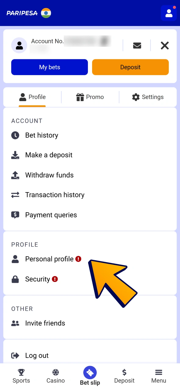 Open your Paripesa profile and click on personal profile menu item.