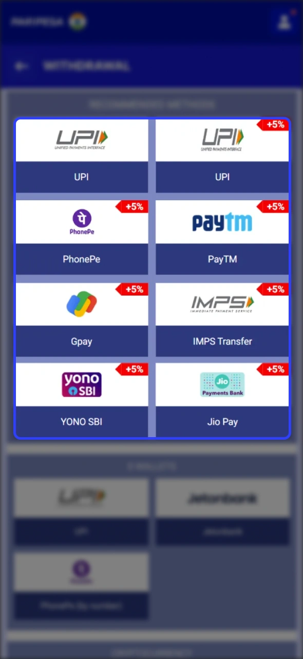 Select one of provided payment options to withdraw your winnings from Paripesa.