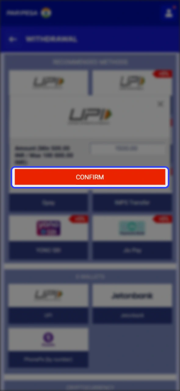 Press confirm button and finish your withdrawal at Paripesa.
