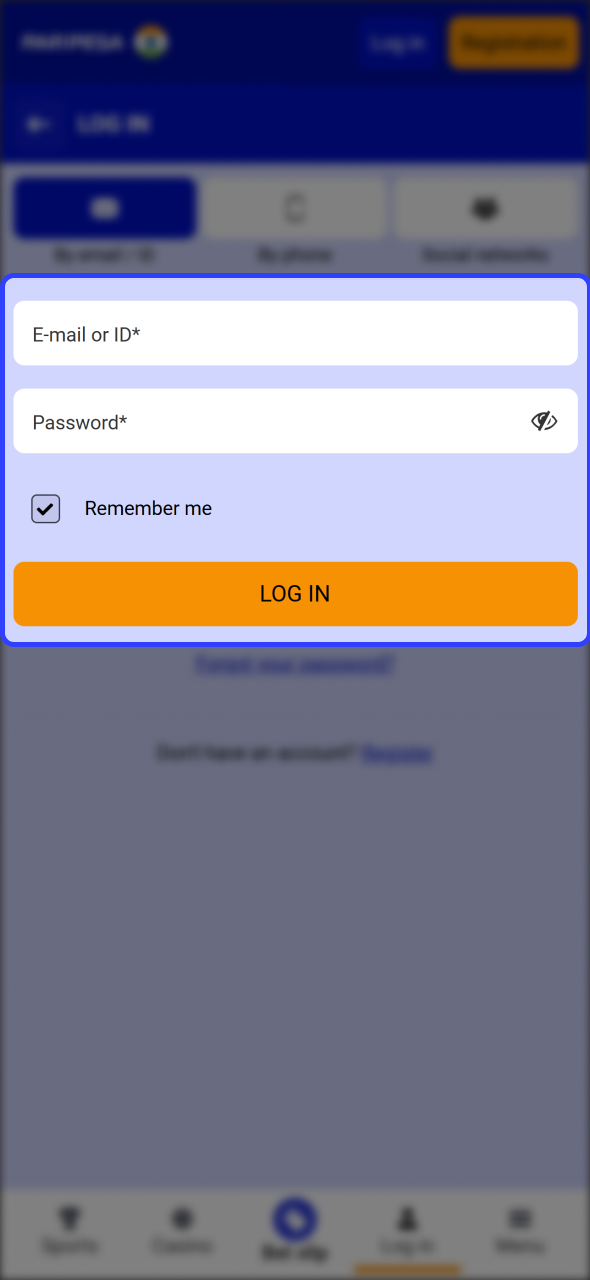 Open login or registration form to withdraw winning from your Paripesa account.